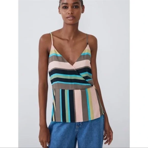 NWT Zara Colorful Striped Wrap Peplum Cami Tank Top Blouse XS V-Neck Open Back - Picture 8 of 13